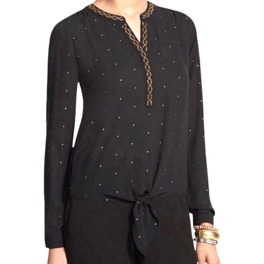 Chico's Embellished Black Gold Tie Waist Sheer Long Sleeve Blouse